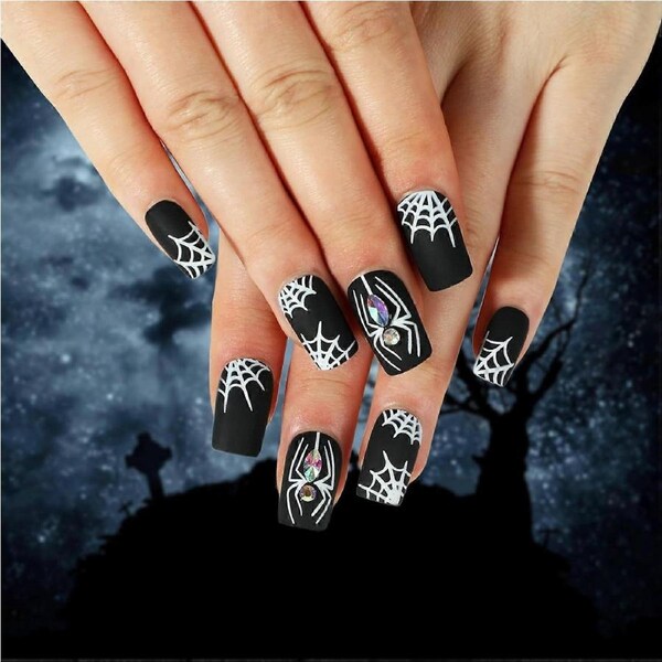 Halloween Press On Nails Black Matte with Spider Web and Rhinestones Medium Acrylic False Nails with Glue
