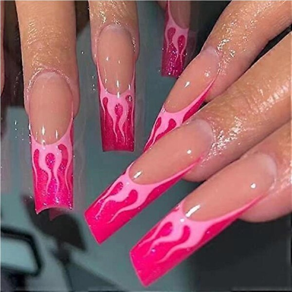 24pcs Pink Flame Long Ballerina Press On Nails with Glue Glitter French Fake Nail Tips Reusable