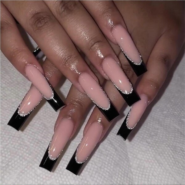 24 Pcs Nude Pink Glitter Coffin Press on Nails Long Fake Nails with French Tips for Women