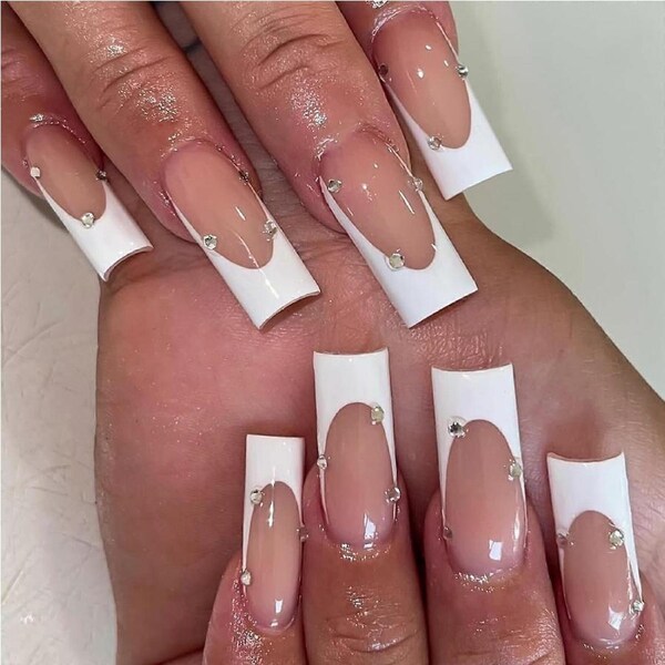 French Tip Long Square Press on Nails with Rhinestones Acrylic False Nails for Women Reusable Kit