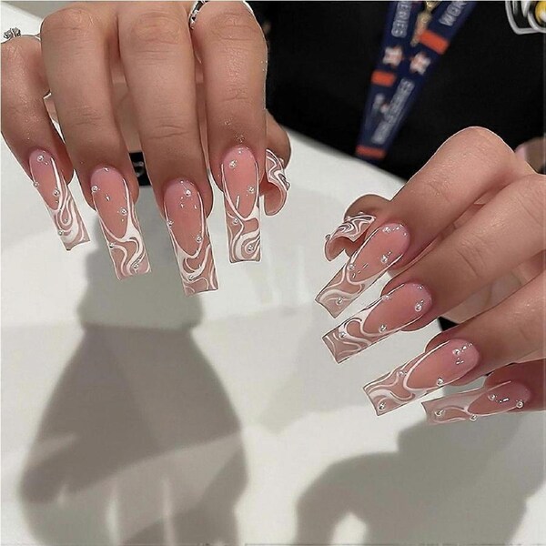 24 Pcs Long Square Pink Press on Nails with Pearl Design, Reusable Fake Nails Kit with Tools