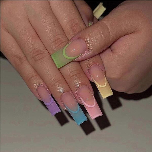 Long Square French Tip Press On Nails Set with Colorful Rainbow Edge, 24pcs Glue On Acrylic False Nails