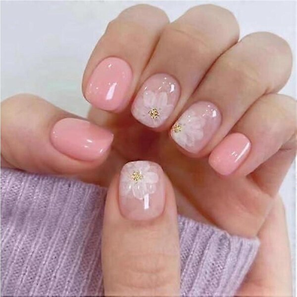 Short Square Pink Daisy Press On Nails Glossy Floral Fake Nails Reusable 24pcs with Tools