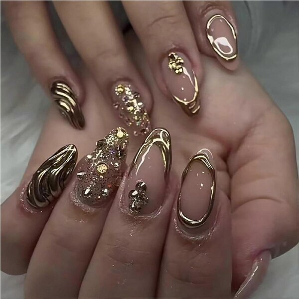 Gold French Tip Press On Nails Almond Shape with Rhinestones Glitter Acrylic False Nails 24Pcs
