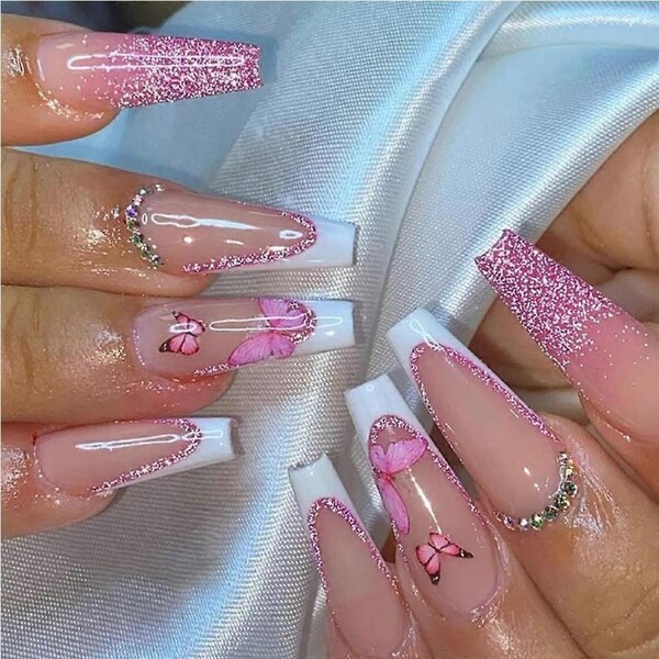 Pink Long French Tip Press On Nails Coffin Shape with Butterfly Rhinestones 24pcs GlueOn Set