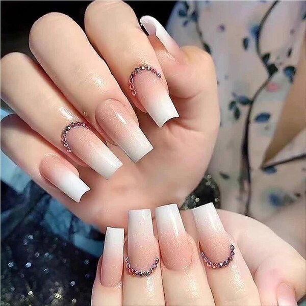 Press On Nails with Rhinestones Nude Square Design Salon Quality Reusable Fake Nail Set 24PCS
