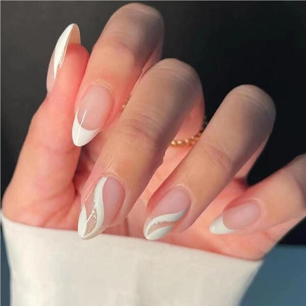 French Press On Nails Medium Almond Reusable Nude Minimalist Fake Nails with Jelly Glue