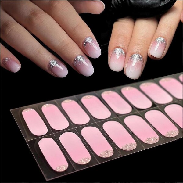 Gradient Pink Gel Nail Strips Glitter French Tip Nail Wraps Extra Long Full Coverage Salon Quality DIY Manicure
