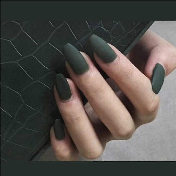 Long Coffin False Nails Green Frosted Glossy Ballerina Full Cover Press On Nails 24 Pcs