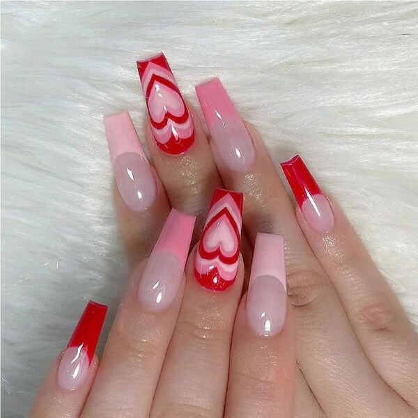 24Pcs Medium Coffin Press On Nails Pink Heart Design, LongLasting Acrylic GlueOn False Nails