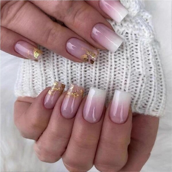 Gradient Pink Press On Nails with French Tips and Gold Glitter, 24pcs Durable Glossy Fake Nails