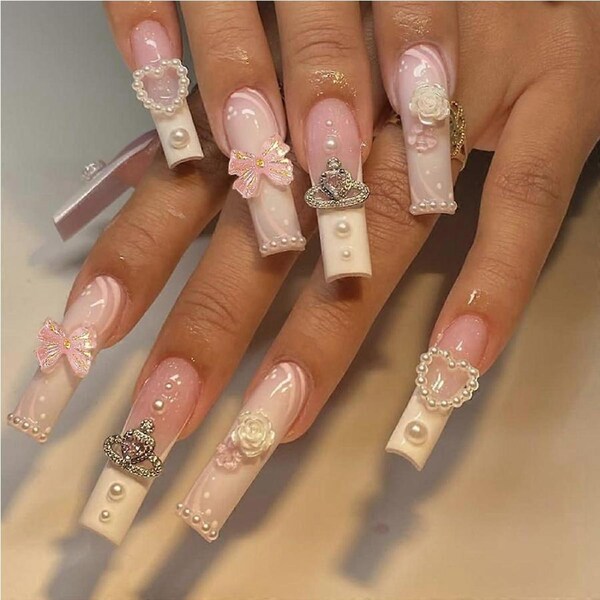 Long Square French Tip Press On Nails with Charm Bow and Pearl, Reusable Fake Nail Set for Women
