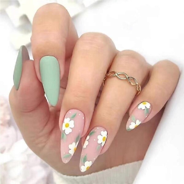 Almond Press On Nails Matte Green Fake Nails Medium Length Acrylic Full Cover Ready to Wear 24Pcs