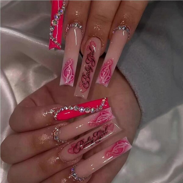 24pcs Extra Long Coffin Press On Nails Pink with Flower and Rhinestones Reusable Nail Kit