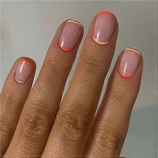 24 Pcs Short Square Press on Nails Nude Pink Glossy Reverse French Tip Fake Nails Reusable Set