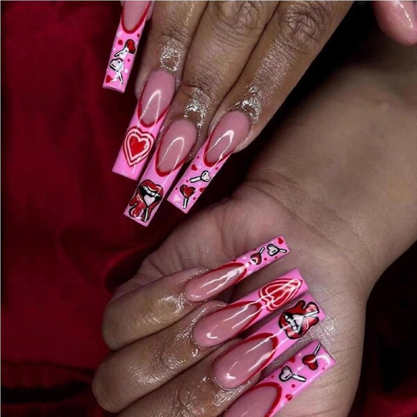 Long Coffin Press On Nails French Tip Pink Acrylic Reusable Full Cover Set for Women 24PCS