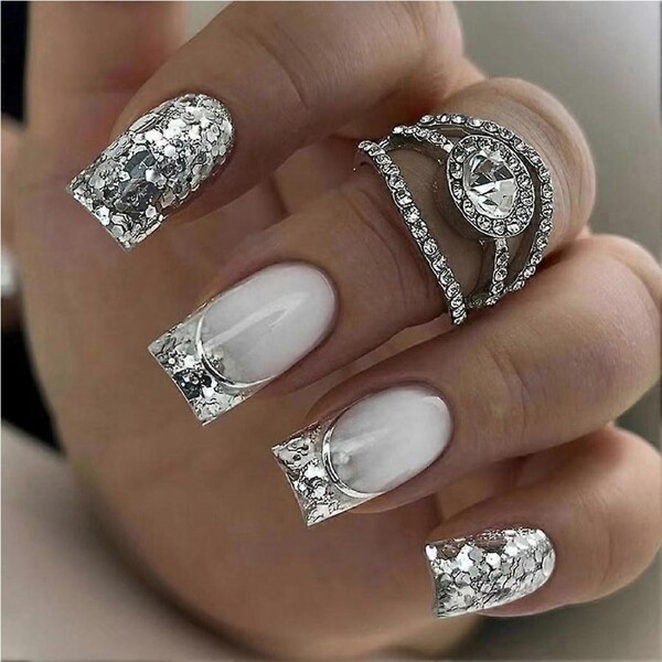 48pcs Nude Press on Nails Set, French Short Acrylic Coffin Square Fake Nails, Reusable Kit