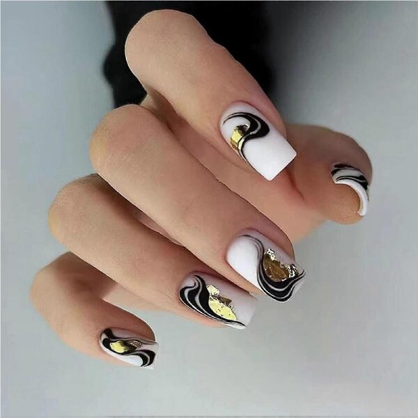 Press On Nails Kit with Glue Stickers, Medium Black White Swirl Fake Nails, 24pcs Acrylic Set