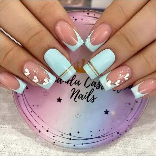 24Pcs Medium Coffin Press On Nails Light Blue French Tips with Heart Design Reusable Acrylic Set