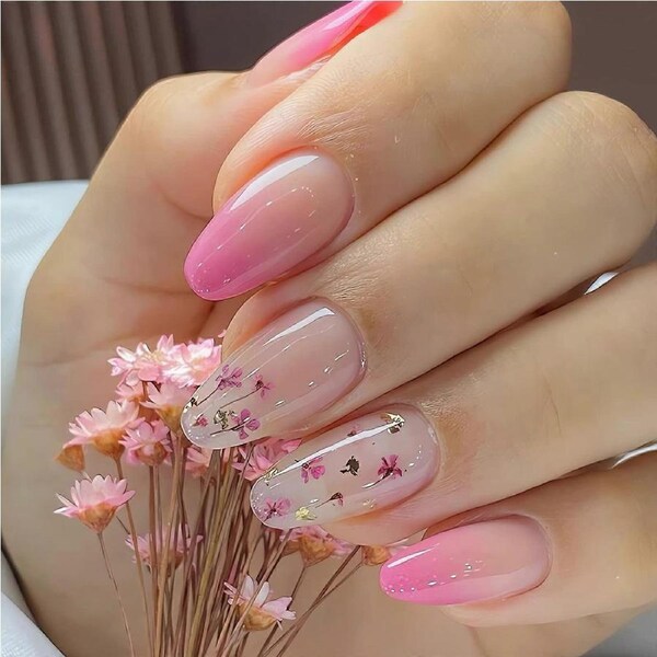 Pink Almond Press on Nails Medium Fake Nails with Glue Floral French Tip Glossy Full Cover 24pcs