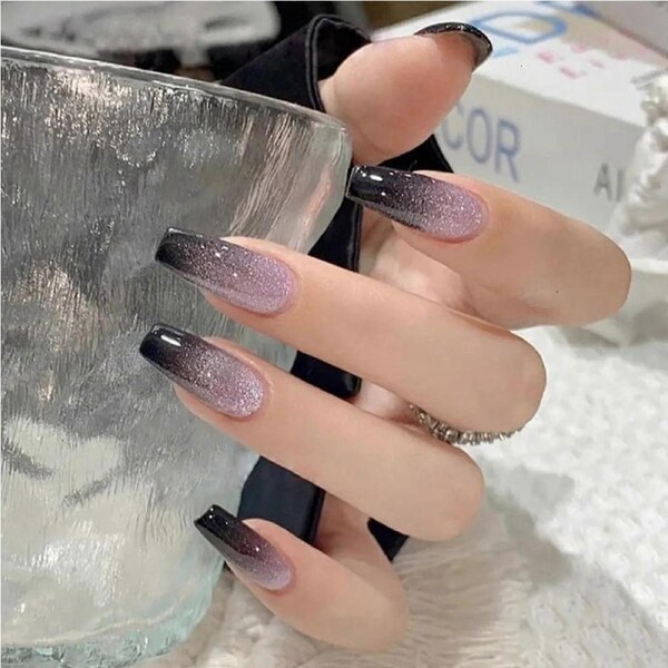 Long Stiletto Press on Nails with Glue, Black Gradient and Purple Glitter, 24pcs False Nail Set