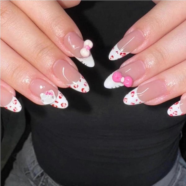 Medium Almond Press On Nails Pink Cheetah Cute Cat Design Ready to Wear 24pcs Durable Finish