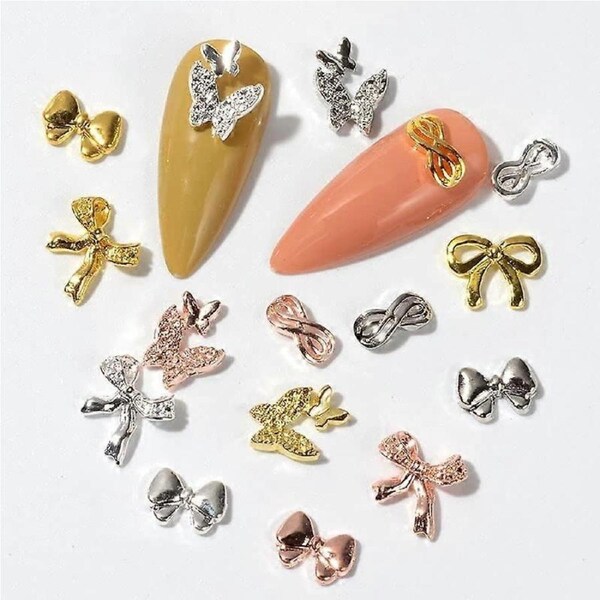 50Pcs Full Coverage Press On Nail Tips with 3D Metal Bow Charms Gold Silver Rose Gold Decorations