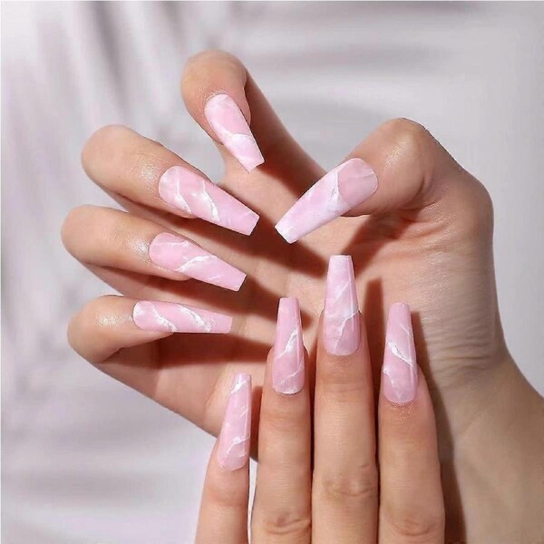 Luxurious Pink Marble Coffin Press On Nails with Gems Long Glossy Fake Nail Set for Women Girls