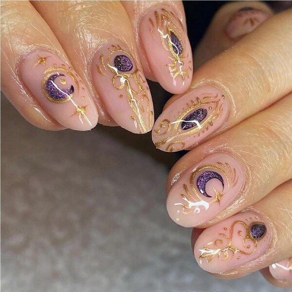 Medium Almond Press On Nails with Glue, Purple Glitter Stiletto Fake Nails with Gold Star and Moon Design