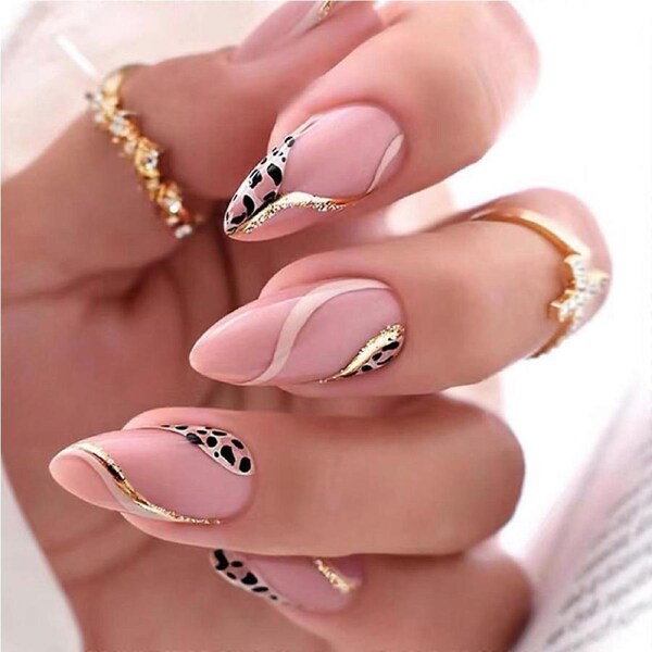 Leopard Print Press On Nails Pink Glossy Almond Fake Nails Reusable Full Cover with Glue 24pcs
