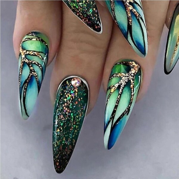 Medium Almond Press on Nails Green Marble Gradient Fake Nails Set Instant Salon Look 24Pcs