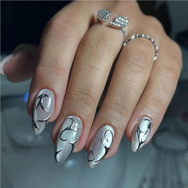 Almond Press On Nails Gothic Fake Nails with Silver Designs Medium Length ReadytoUse Nail Kit 24pcs