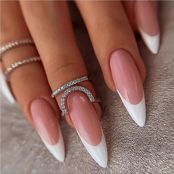 Almond Press On Nails Nude French Tip Fake Nails with Designs Glossy Acrylic Glue On 24Pcs