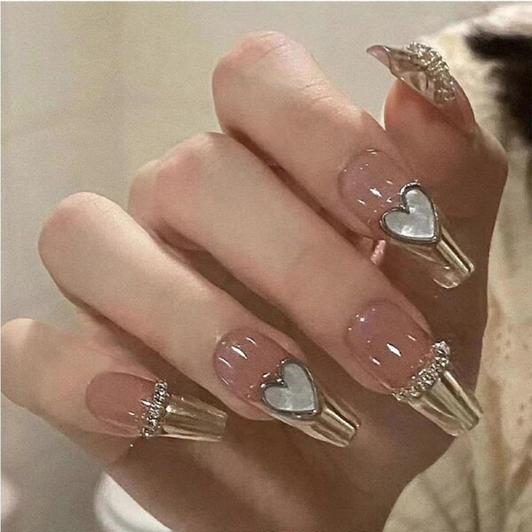 Medium Coffin Press On Nails with Glue, French Tip Gel, Cute Y2K Styles, Instant Salon Finish