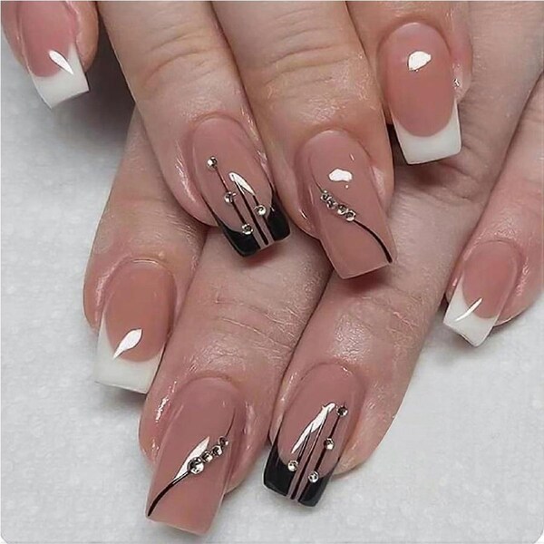 Short Square Nude Press On Nails with Rhinestones 24pcs Kit for SalonStyle Manicure