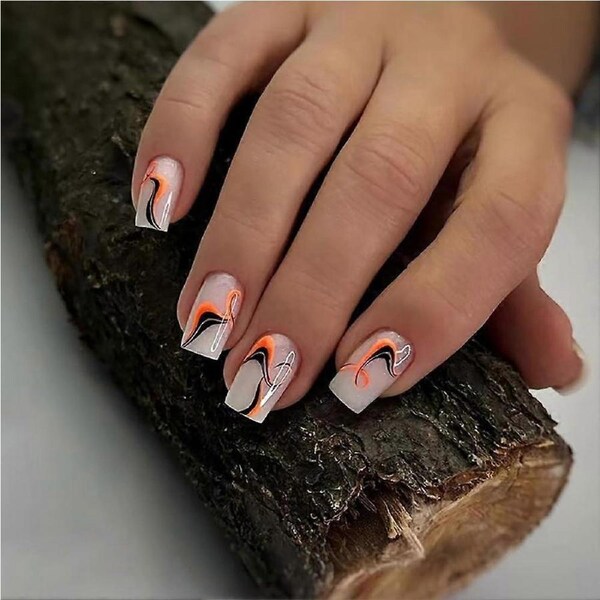 Square Press on Nails Medium Ivory White Glossy Full Cover Fake Nails with Elegant Swirl Designs