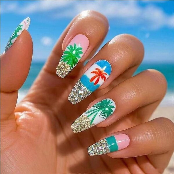 24 Pcs Long Ballerina Press On Nails Glitter Artificial Full Cover for Salon and Home Use