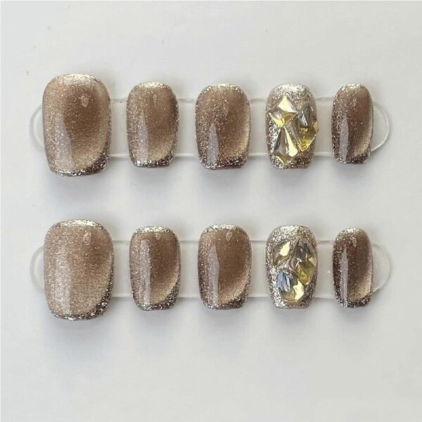 Press On Nails Short Length Sky Brown, Reusable Gel Fake Nail Tips with SalonQuality Gloss Finish