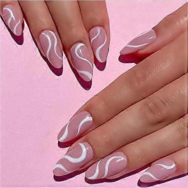 24pcs Short Press On Nails for Women Striped French Full Cover Fake Nails Set Acrylic Tips