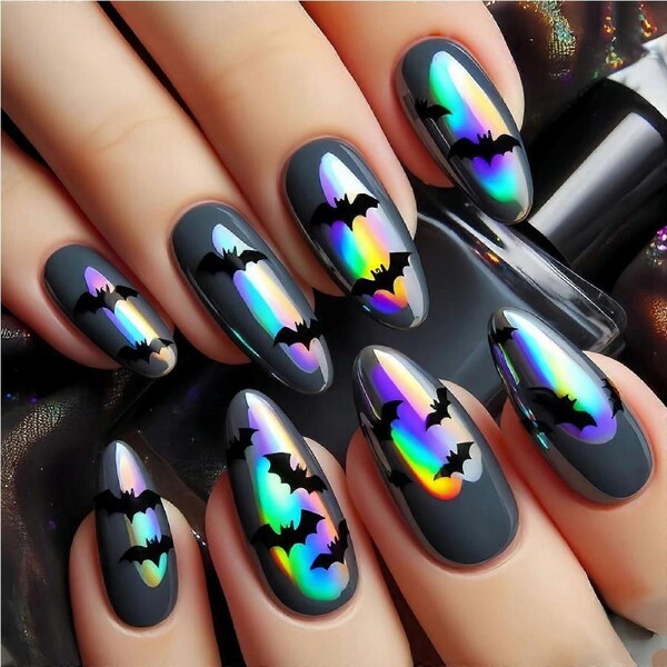 Halloween Press On Nails Almond Shape Green Glitter Spider Web with Rhinestones Medium Length