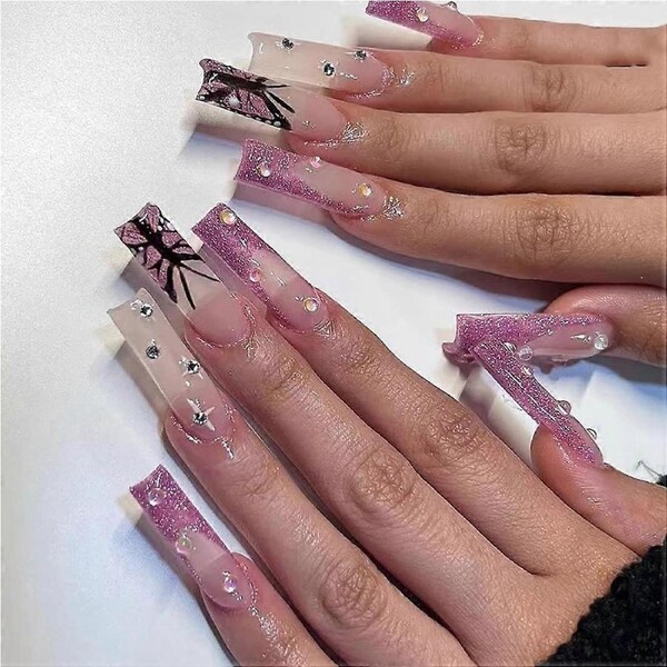 24pcs Long Coffin Press On Nails with Rhinestones and Butterfly Design French Fake Nails for Women