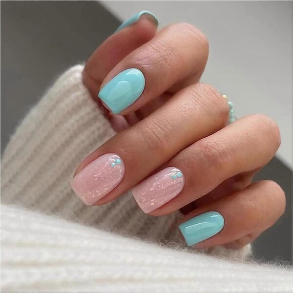 24 Pcs Pink Glitter and Lake Blue Press on Nails Medium Square Fake Nails Set for Women