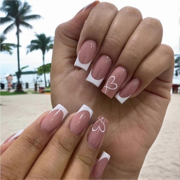 French Coffin Ballerina Press On Nails Set Pink White Tips Heart Design 24pcs Reusable Fake Nails