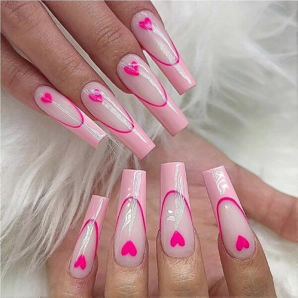 Valentines Day Press on Nails 24Pcs Long Coffin Fake Nails with Red Heart French Design Reusable