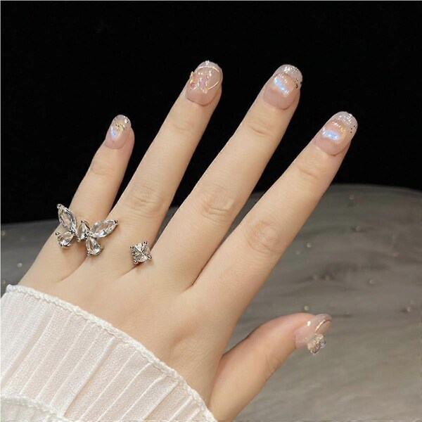 Handmade Press On Nails with Rhinestones, Square Pink Fake Nails, 3D Butterfly and Cat Design, 10PC