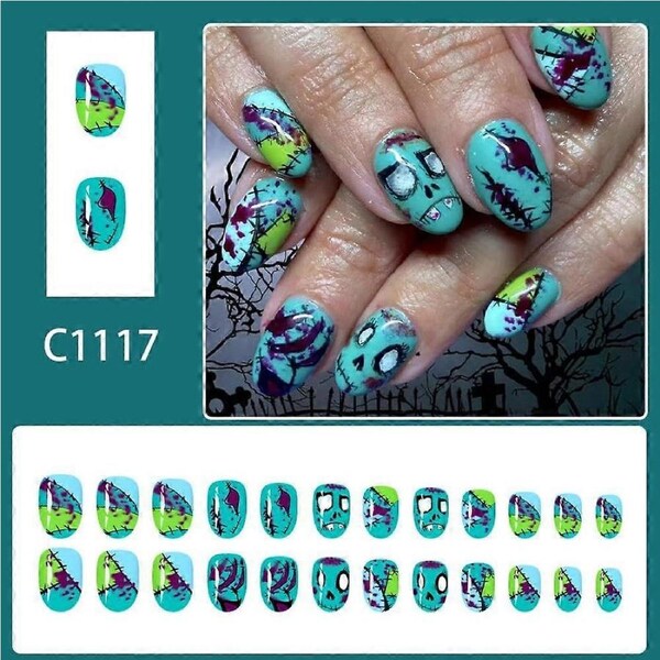 Halloween Press on Nails Short Almond Zombie Design Blue Green Glossy Finish with Glue 24Pcs