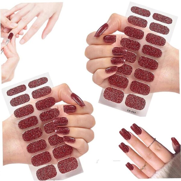 Gel Nail Stickers 2 Sheets 32PCS Semi Cured Strips Long Lasting Gloss Sparkly Easy Peel DIY Wraps