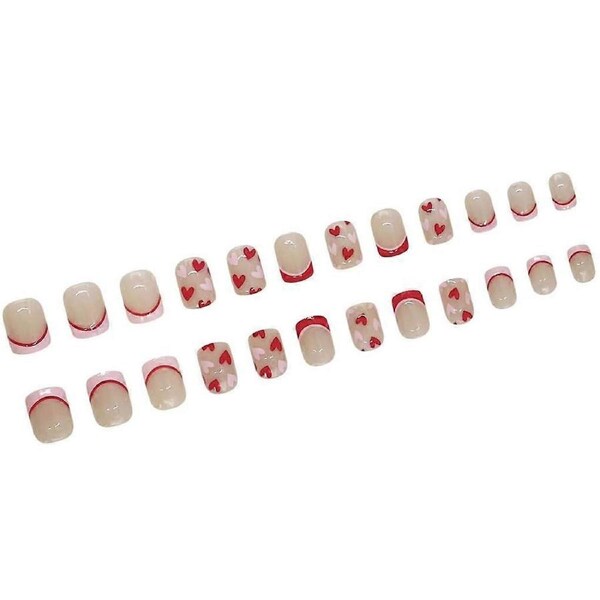 24pcs Short Square French Tip Press On Nails with Hearts Valentine's Day Set for Women