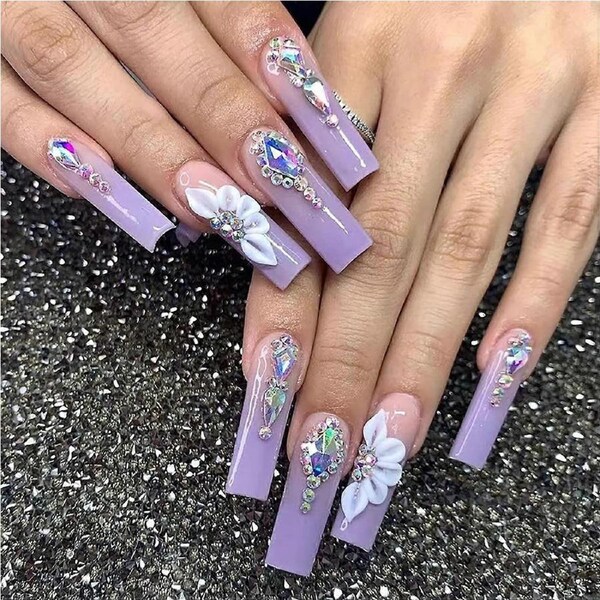 24 Pcs Long Coffin Press On Nails with Rhinestone French Tips Gradient Flower Design Reusable Set