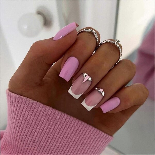 Press On Nails Short Square French Tip Pink with Rhinestones Reusable Glue On Acrylic Nails Set for Women